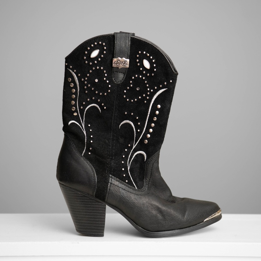 Dingo Boots Womens 7 Black Leather Studded Embroidered Festival Western Cowgirl